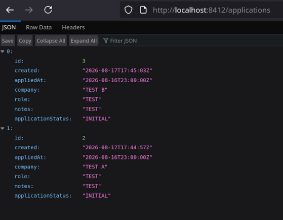 A screenshot showing the submitted applications returning via the API